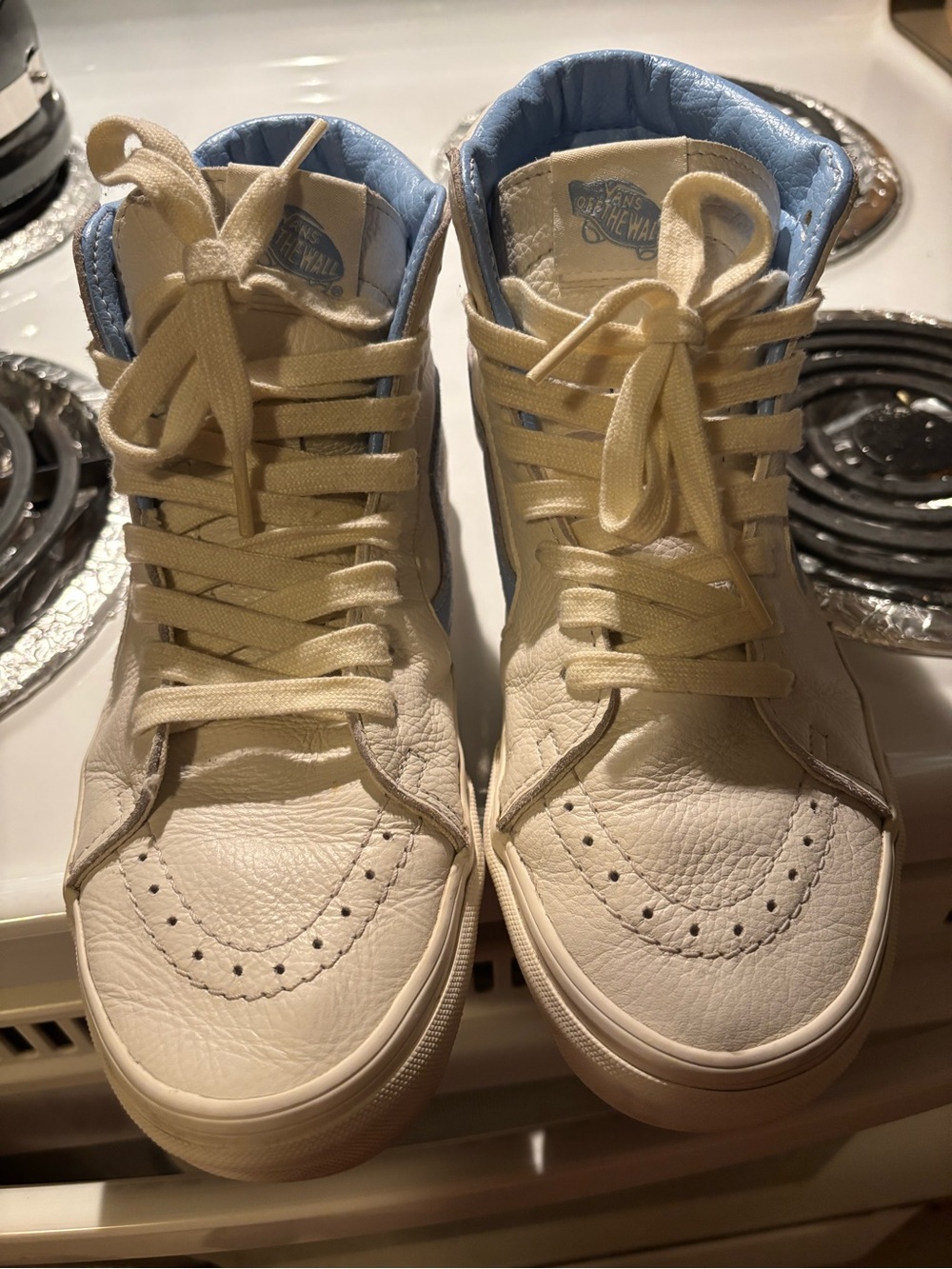 VINTAGE VANS UNISEX SK8-HI LEATHER BLANC DE BLANC BLUE AND WHITE HITOPS